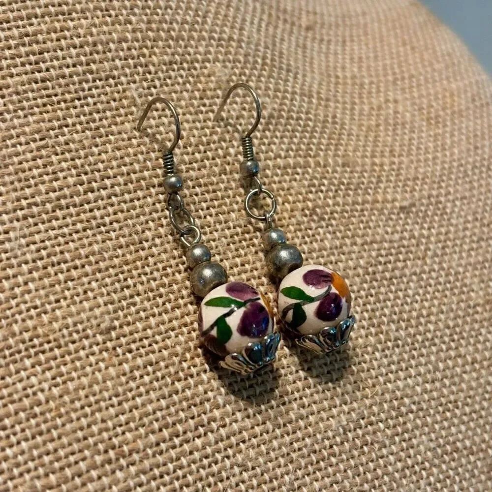 NWOT Sterling Silver Handpainted Porcelain Beads Pierced Dangle Earring Multi OS